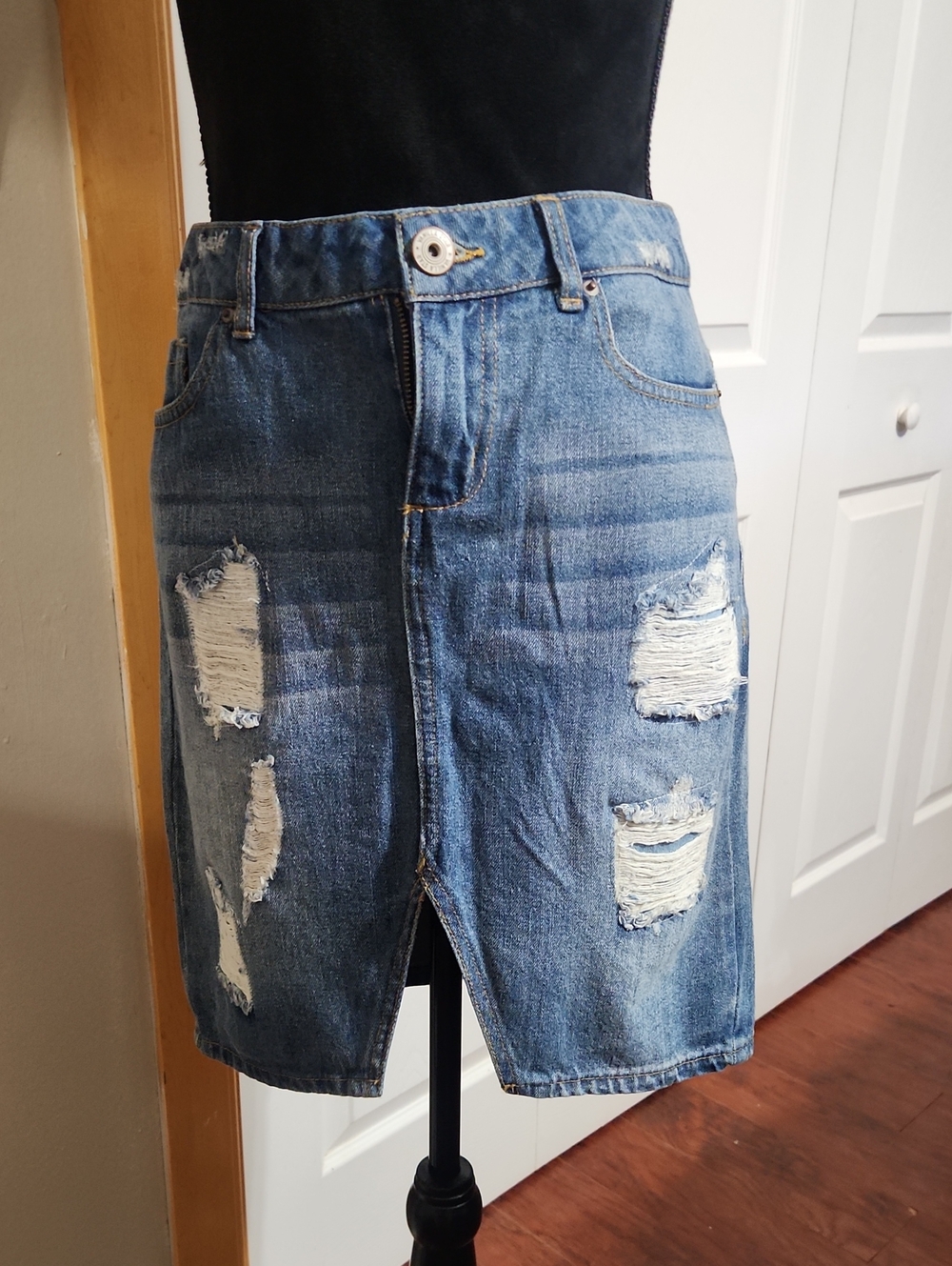 Vanilla Star Blue Distressed Denim Midi Skirt with Front Slit